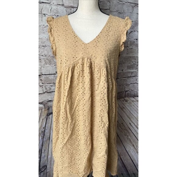 Knox Rose Mustard Eyelet Dress V Neck Short Sleeve Women’s M - Picture 1 of 6
